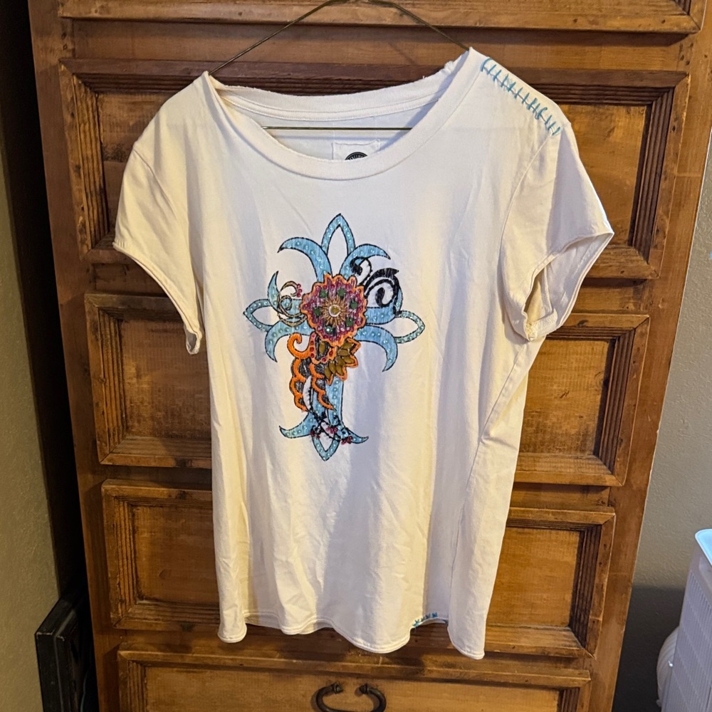 Double D Ranch Cream Tee with Colorful Embroidery